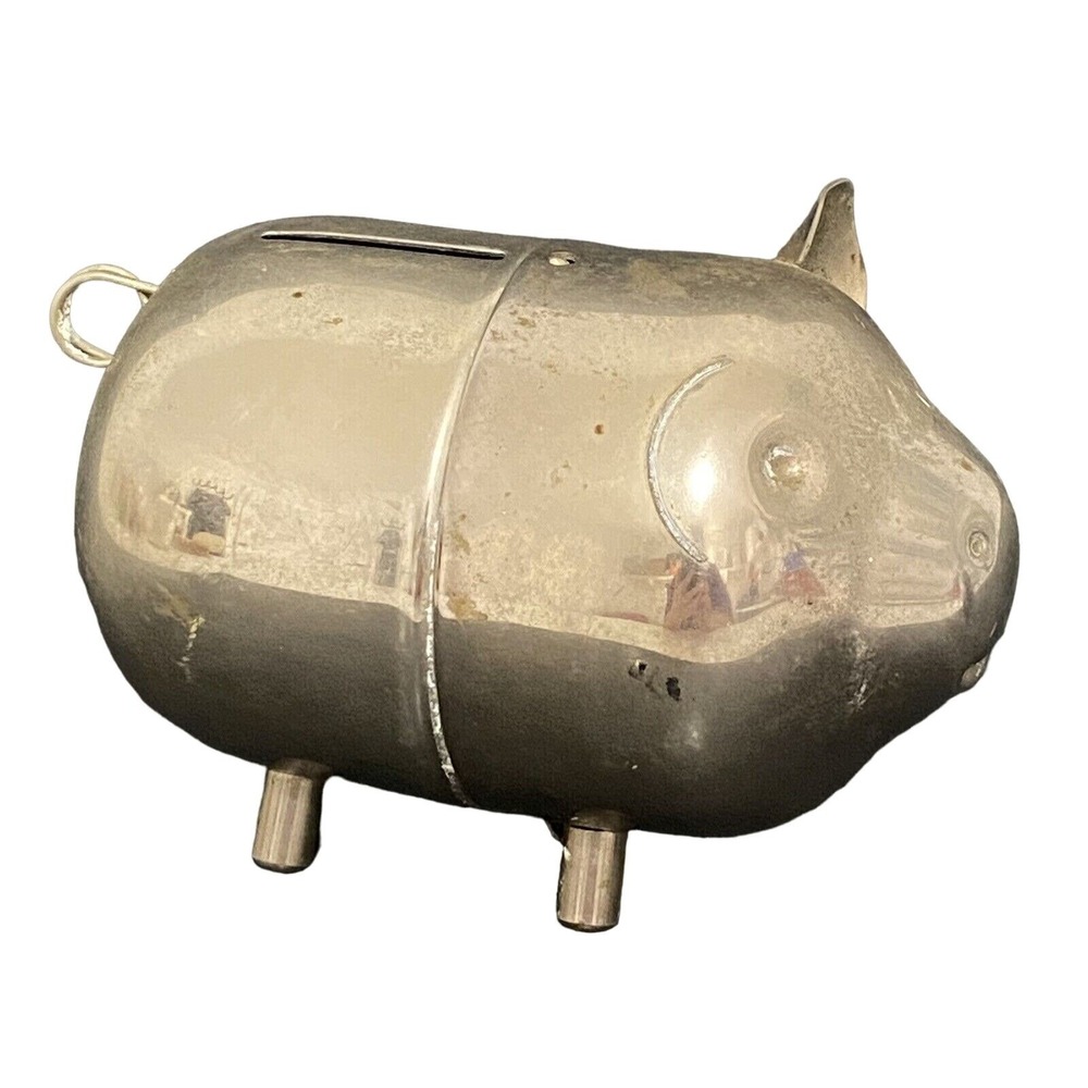 Vintage Metal Piggy Bank 5"  Silver Tone Missing One Ear